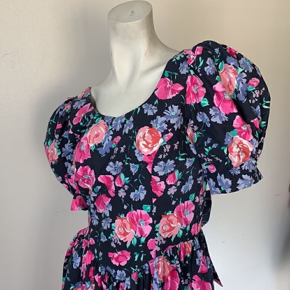 Laura Ashley Floral Midi Dress Puff Sleeves bow & Open plunging Back sz 10 prom - Picture 8 of 16
